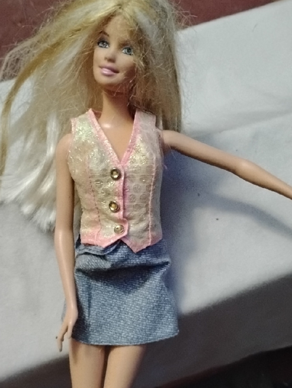 Mattel Pink Brocade Vest with Blue Denim-Look Mini Skirt